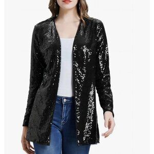 Kancy Kole Women's Sequin Blazer Jacket Black Size 2XL Open Front Party Cocktail
